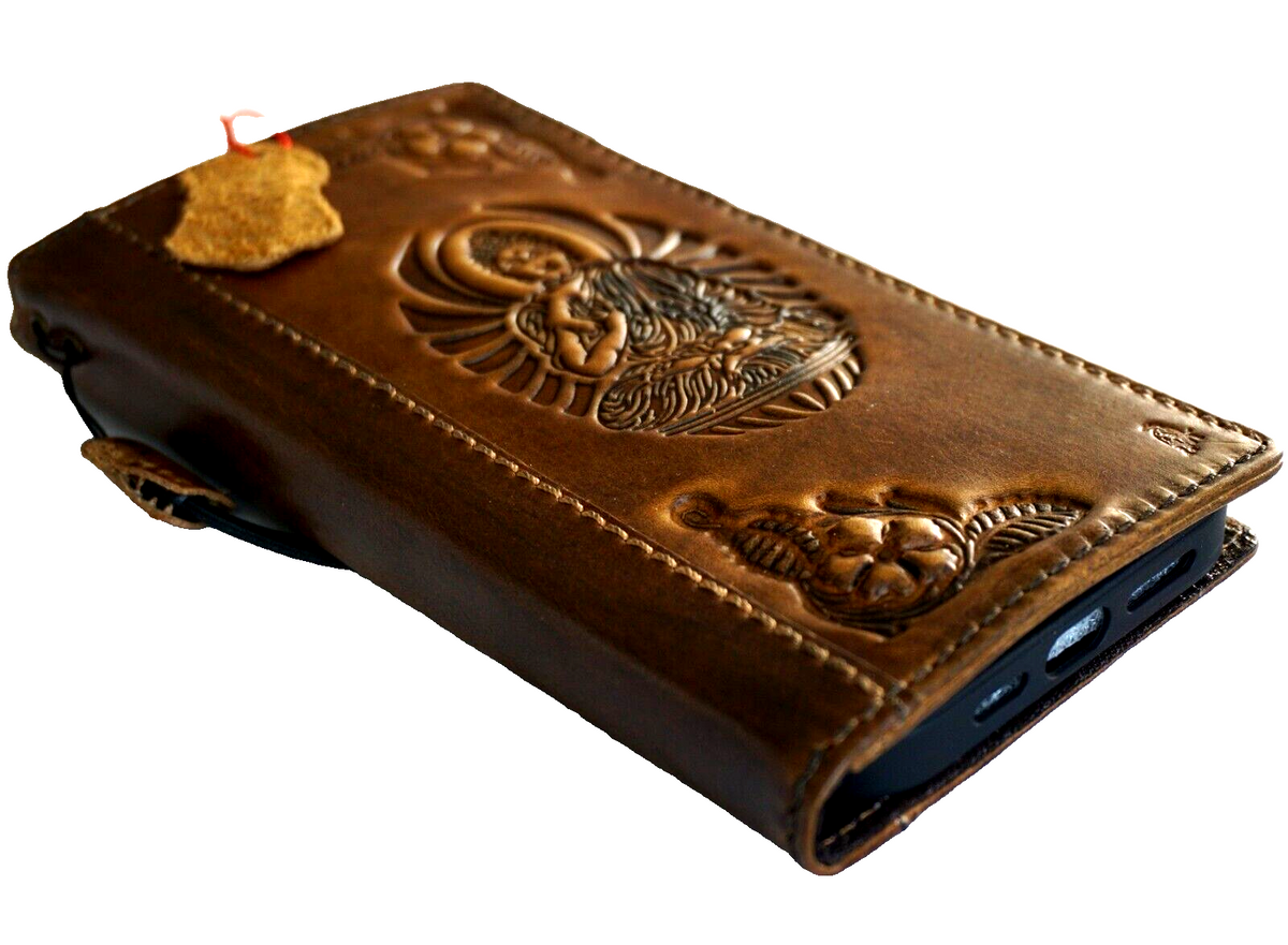 Genuine leather phone case for Samsung Galaxy S22, S21, S20, Note, A-series, and more, featuring vintage art wallet design.