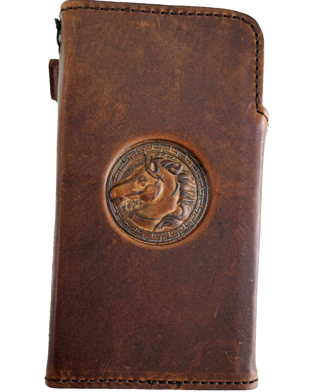 Handmade DAVISCASE genuine leather wallet phone case for iPhone 8 to 16 Pro Max, horse style cover with mini art detail.