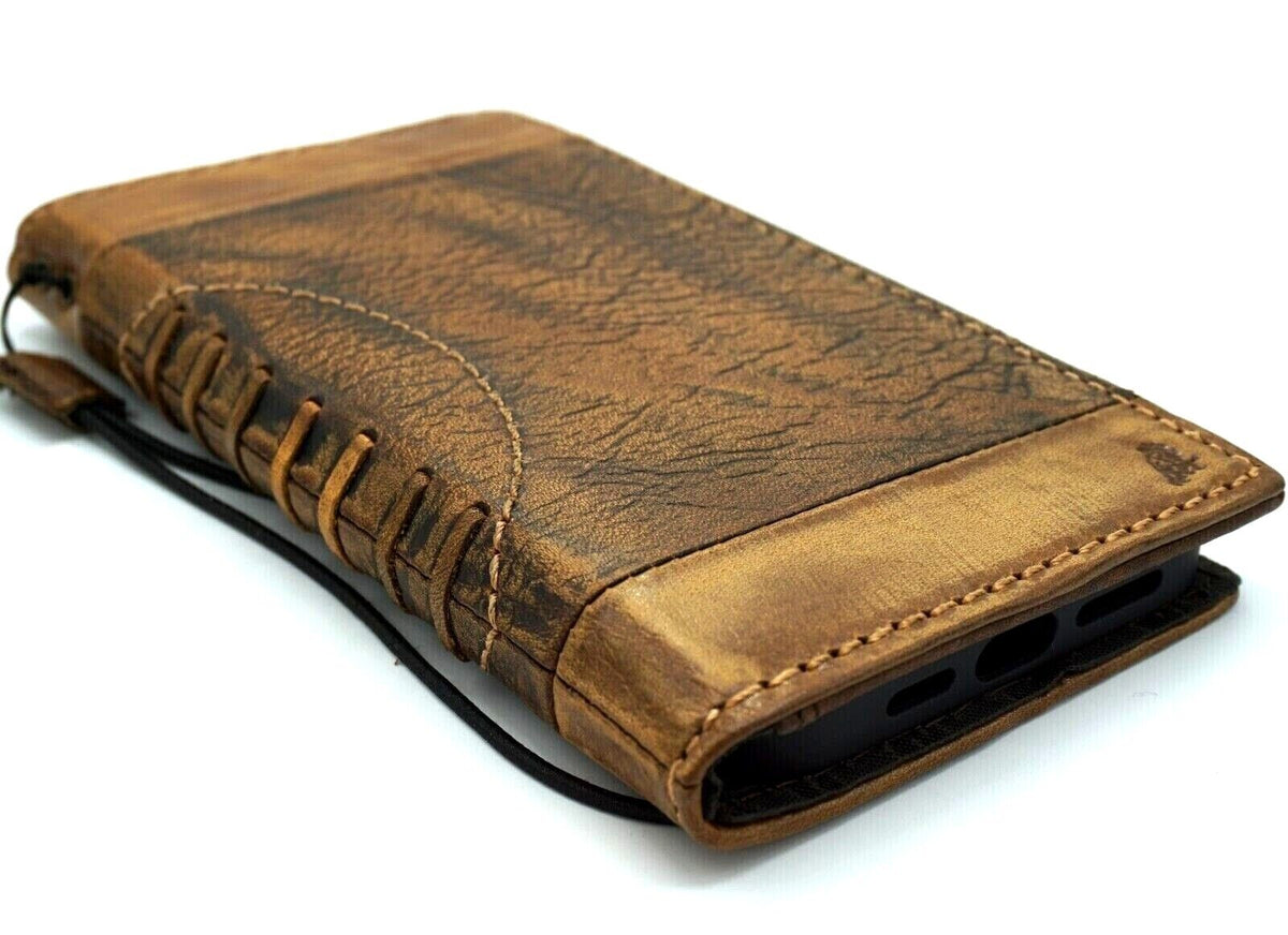Handmade vintage leather phone case for iPhone models, with card slots and wallet style, featuring wrinkled full grain leather by DAVISCASE.