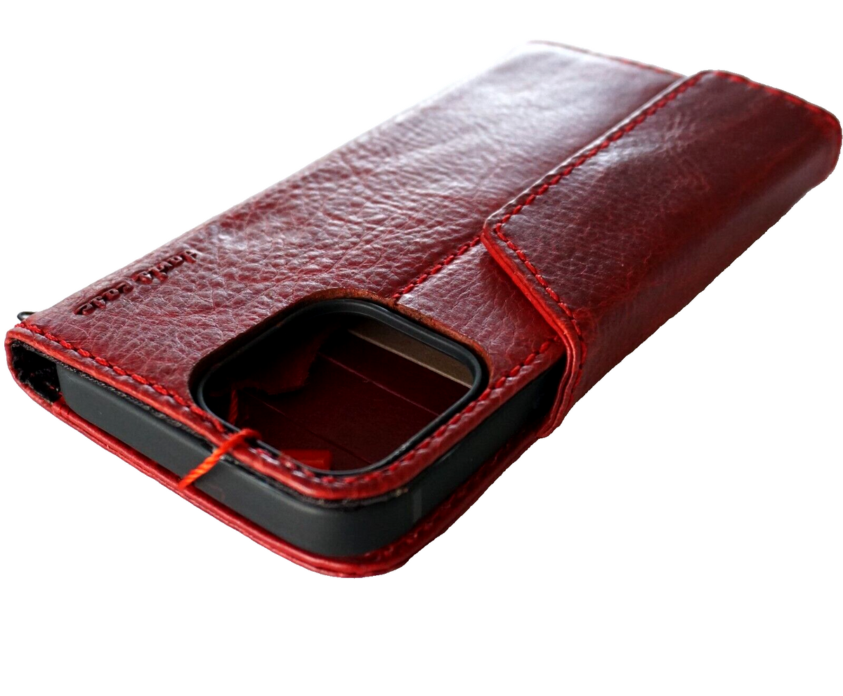 Handmade genuine leather phone case for iPhone 16, 12, 13, 14, 15 Pro Max, and SE, in red wine color with a cross Jesus design.