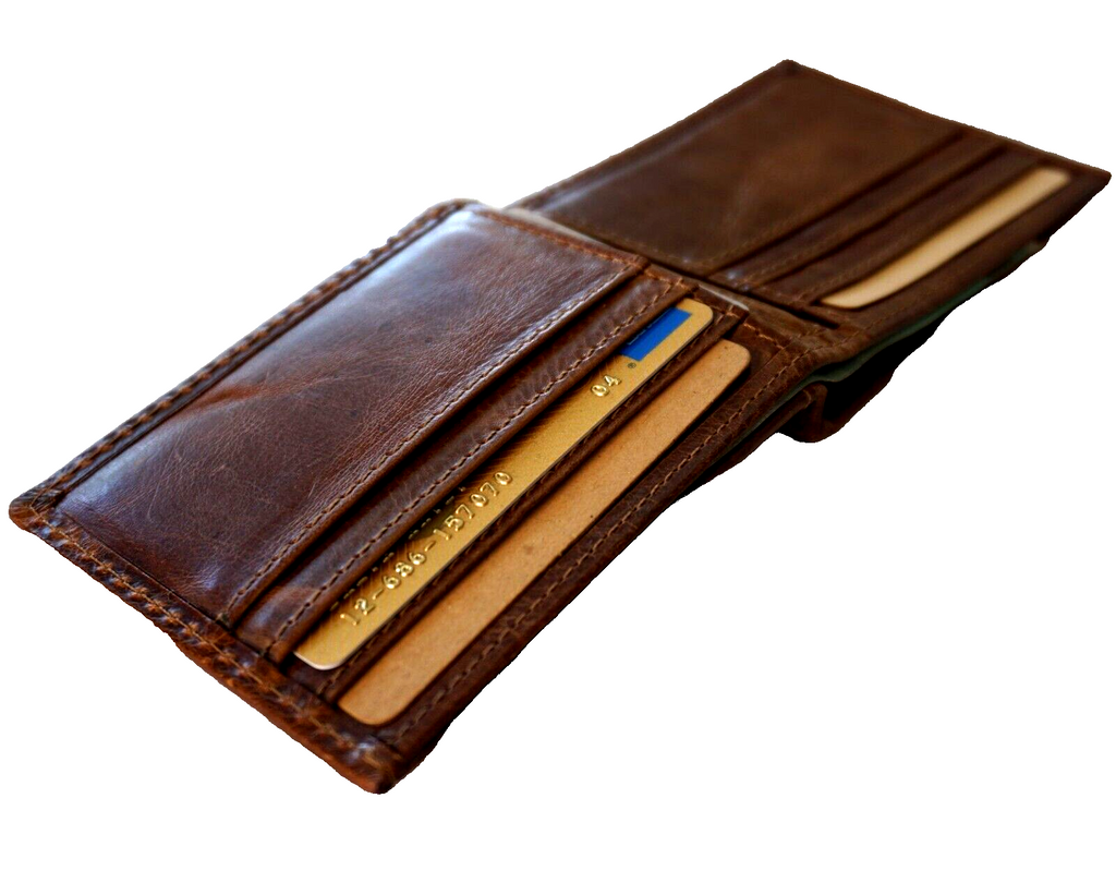 Men's genuine leather wallet by DAVISCASE with credit card slots and bill compartment, handcrafted in tan with decorative hand details.