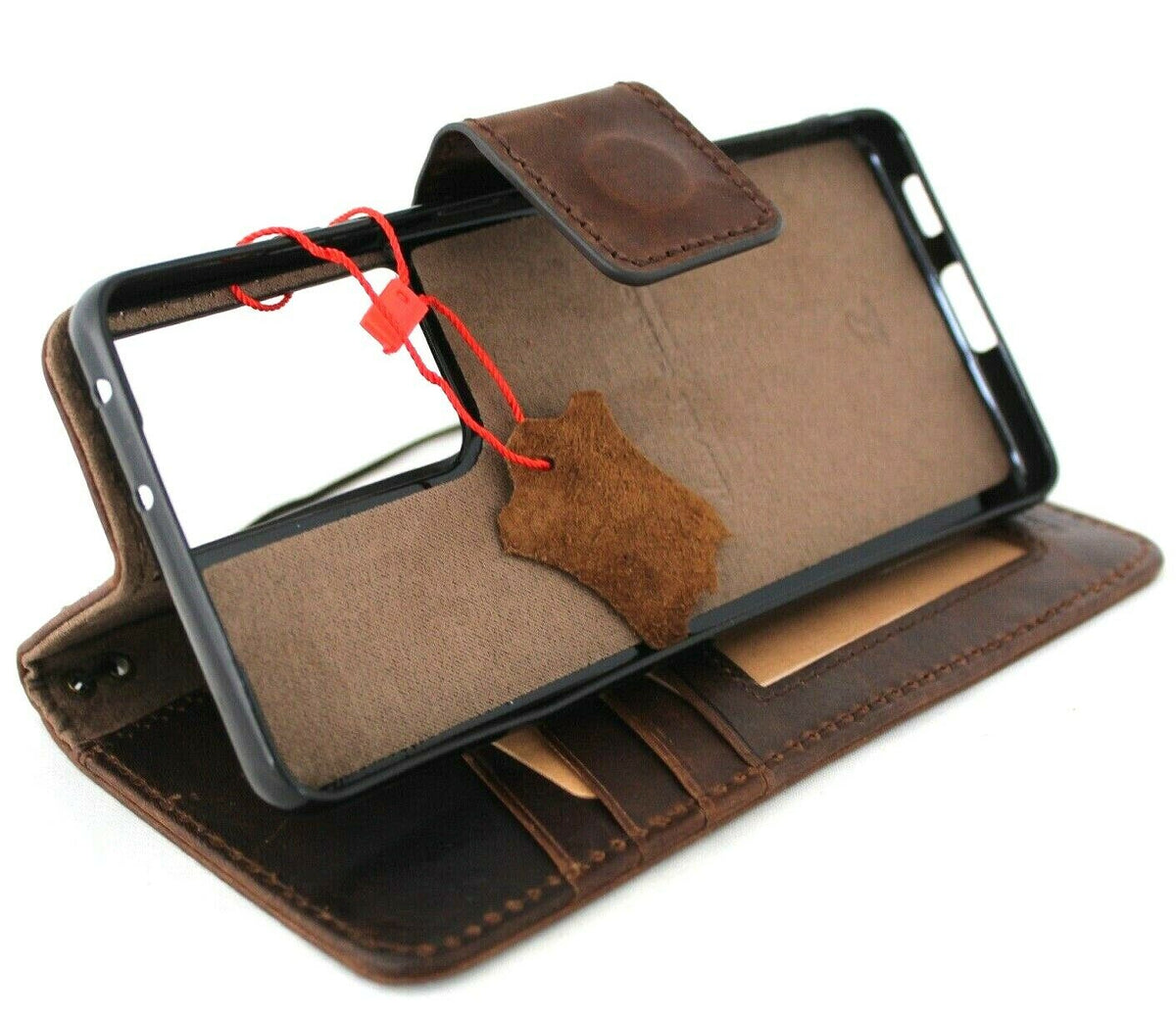 Handmade genuine leather phone case for Galaxy S22, S21, S20, S23, S24, S25 Ultra, with wallet and magnetic closure by DAVISCASE.