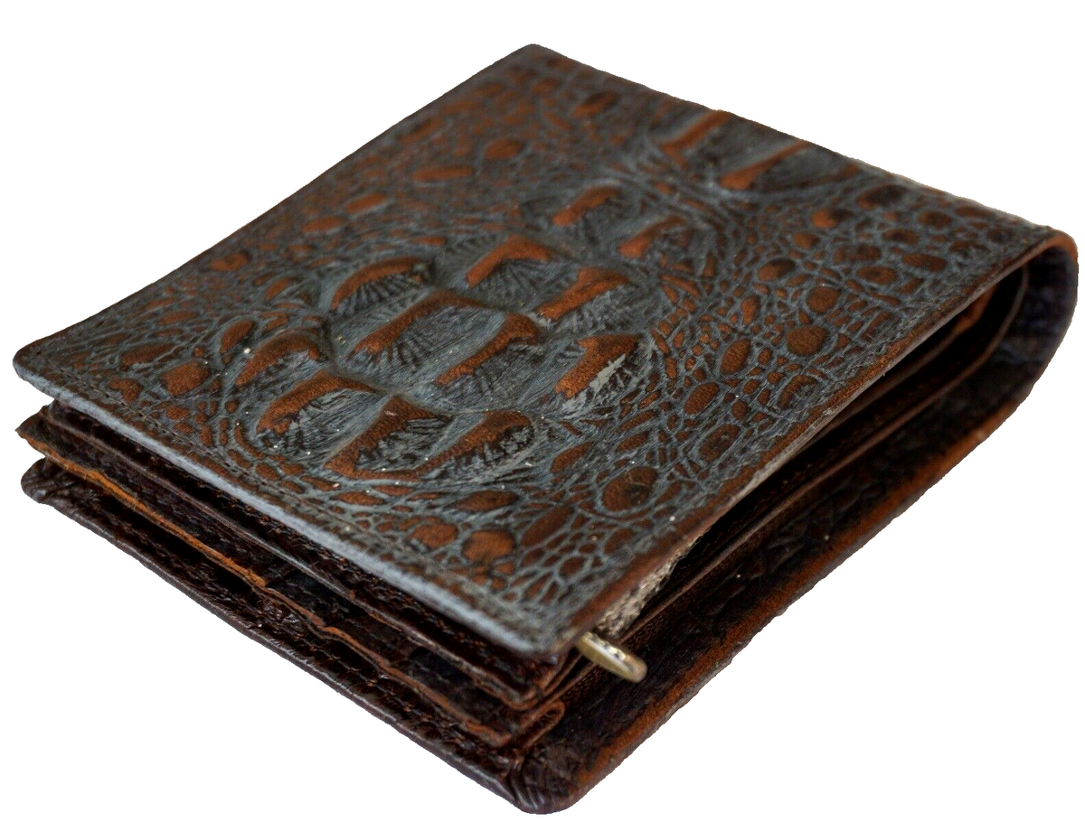 Men's genuine leather money clip wallet with crocodile embossing, coin pocket, and credit card slots, vintage style.