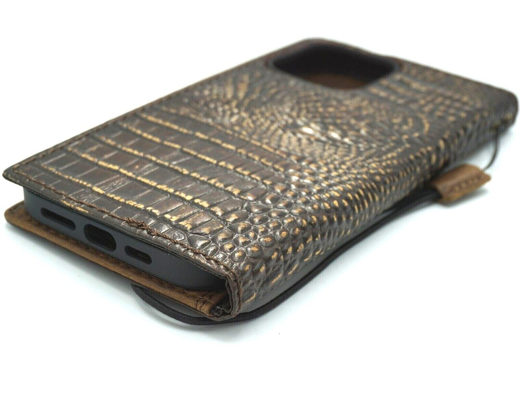 Handmade DAVISCASE genuine leather phone case for iPhone models 12 to 17, crocodile style mini art with wallet and DIY crafts.