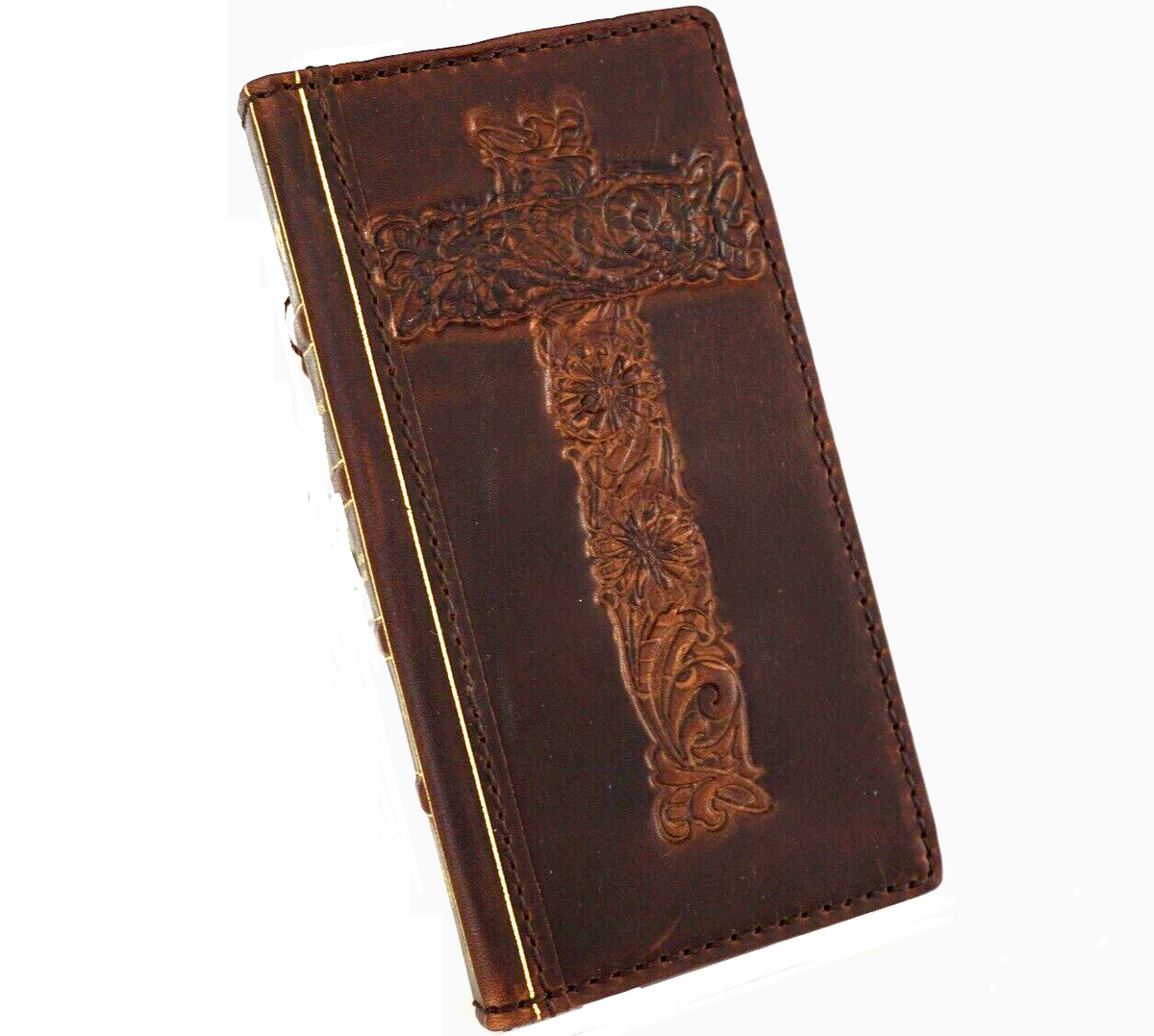 Handmade genuine leather phone case for Samsung Galaxy S23, S24, S25, Note, and Fold series with vintage Bible cover design.