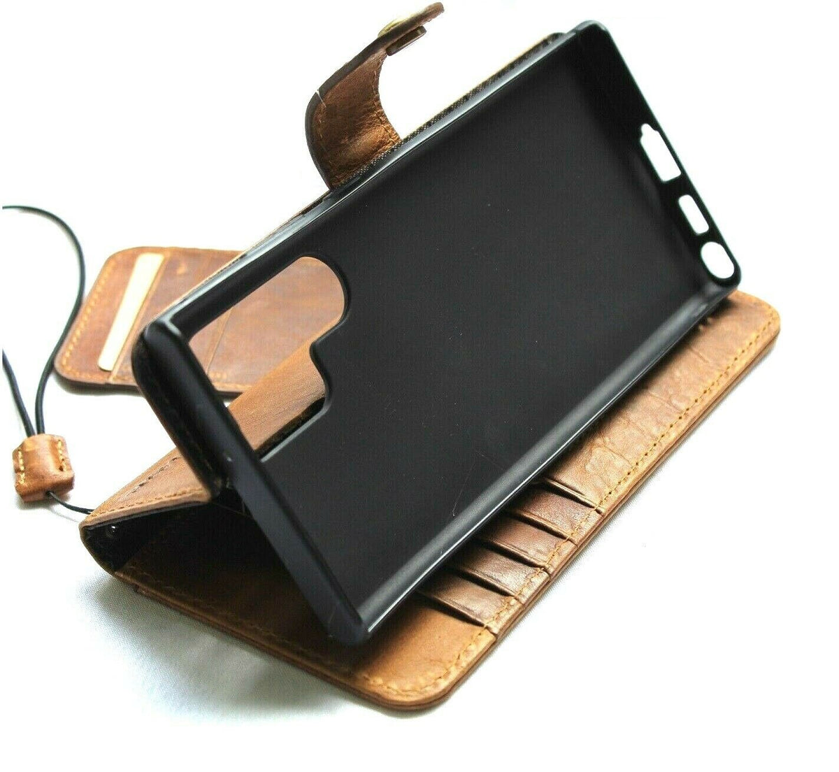 Genuine leather phone case by DAVISCASE for Samsung Galaxy A32, S22, S21, S20, Z Fold 3, 4, 5, 6, 7, and A52 with tan wallet book style.