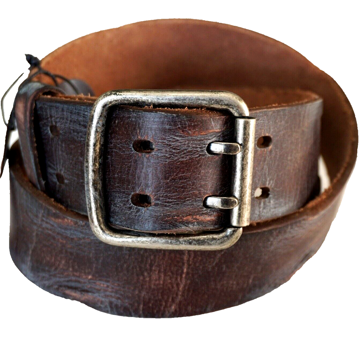 Handmade genuine leather belt for men and women with vintage double holes, stone wash finish, available in multiple sizes.