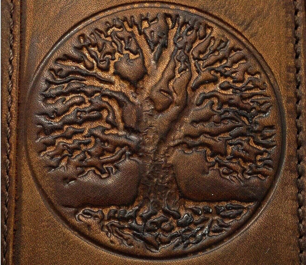 Handmade genuine leather phone case by DAVISCASE for Samsung Galaxy S series, featuring vintage Tree of Life design and art wallet cover.