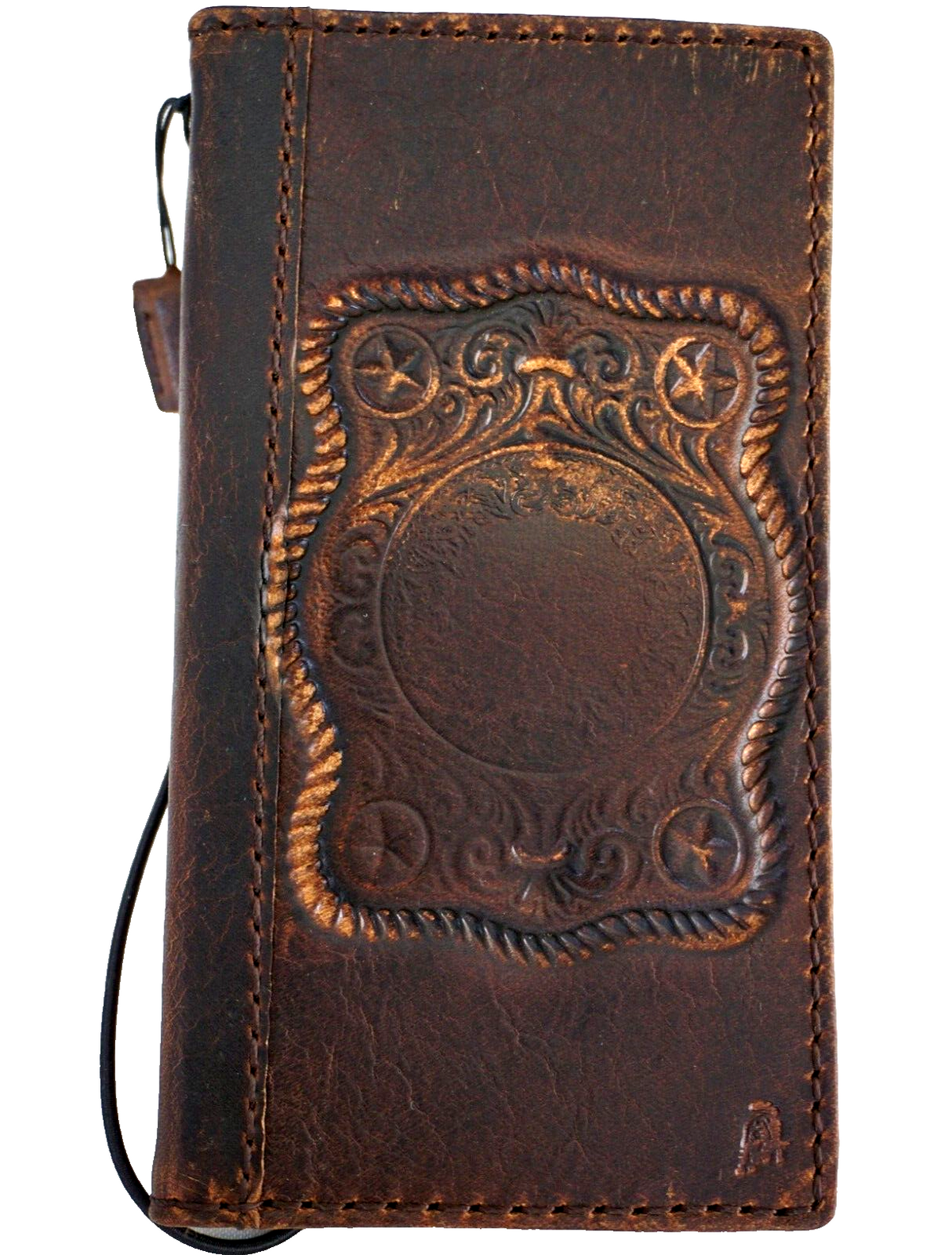 Handmade vintage tan leather phone case for Apple iPhone models, with embossed retro design and space for credit cards.