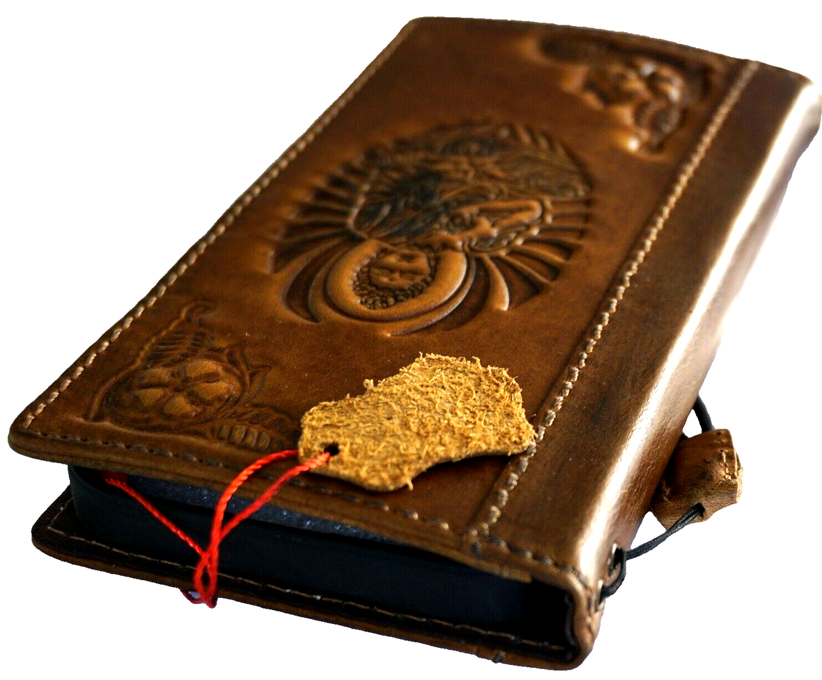 Handmade genuine leather phone case for iPhone and Samsung Galaxy, featuring Buddha shark art and vintage-style credit card slots.