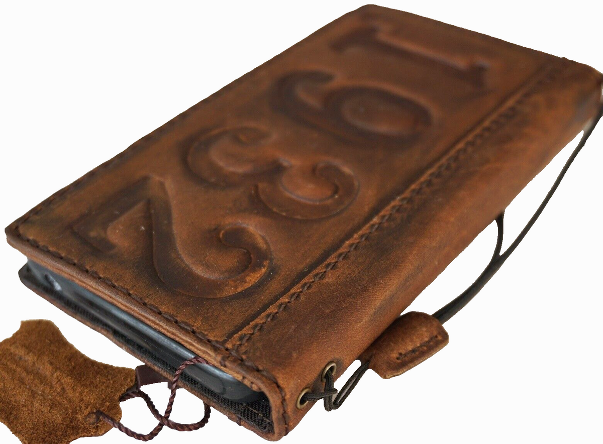 Handmade genuine leather wallet case for iPhone 11-15 Pro Max, vintage-style with dog paw embossing and credit card slots by DAVISCASE.