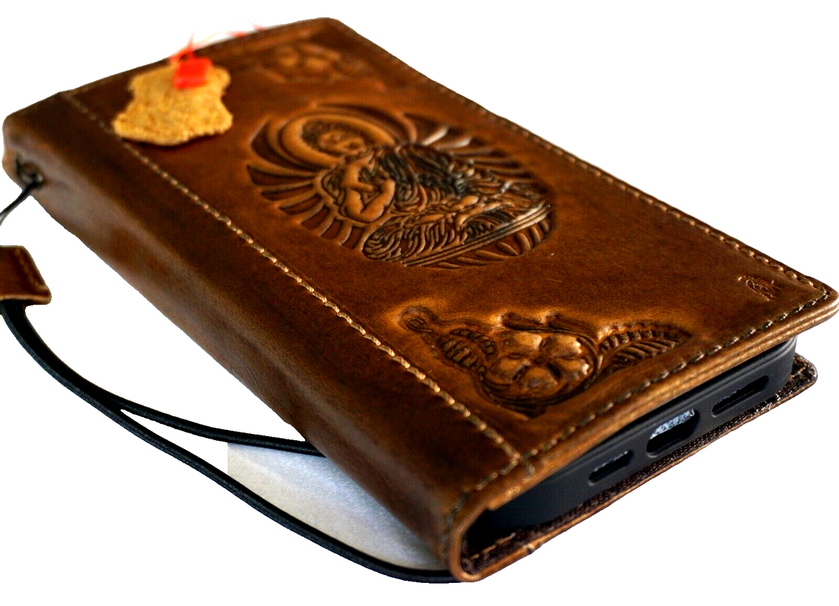 Handmade genuine leather phone case for Samsung Galaxy S22, S21, Note series, featuring vintage art wallet design with Buddha detail.