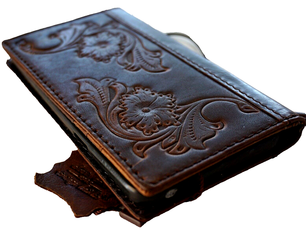 Handmade genuine leather phone case for Apple iPhone 16, 14, 13, 12, 11 Pro Max, SE, XS with wallet and book cover design in dark art style.