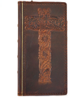 Handmade genuine leather phone case for Galaxy S23, S24, S25, S26, Note, and Fold series with vintage Bible-style design and wallet function.