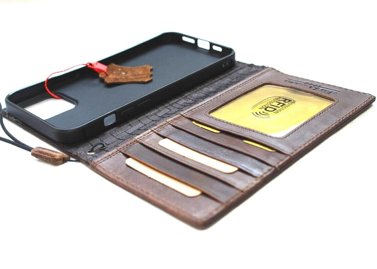 Handmade genuine leather phone case for iPhone models, vintage crocodile style with credit card slots, by DAVISCASE.