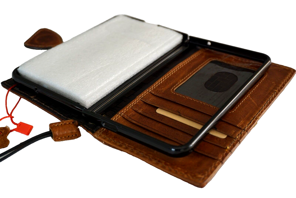 Genuine leather Google Pixel Fold case by DAVISCASE, tan book wallet holder with stand, wireless charging compatible for Pixel 7A 8A 6A.