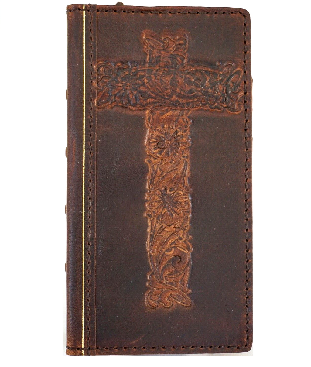 Genuine leather iPhone 12-16 Pro Max case with DIY cross of Jesus design, Bible-inspired mini wallet cover by DAVISCASE