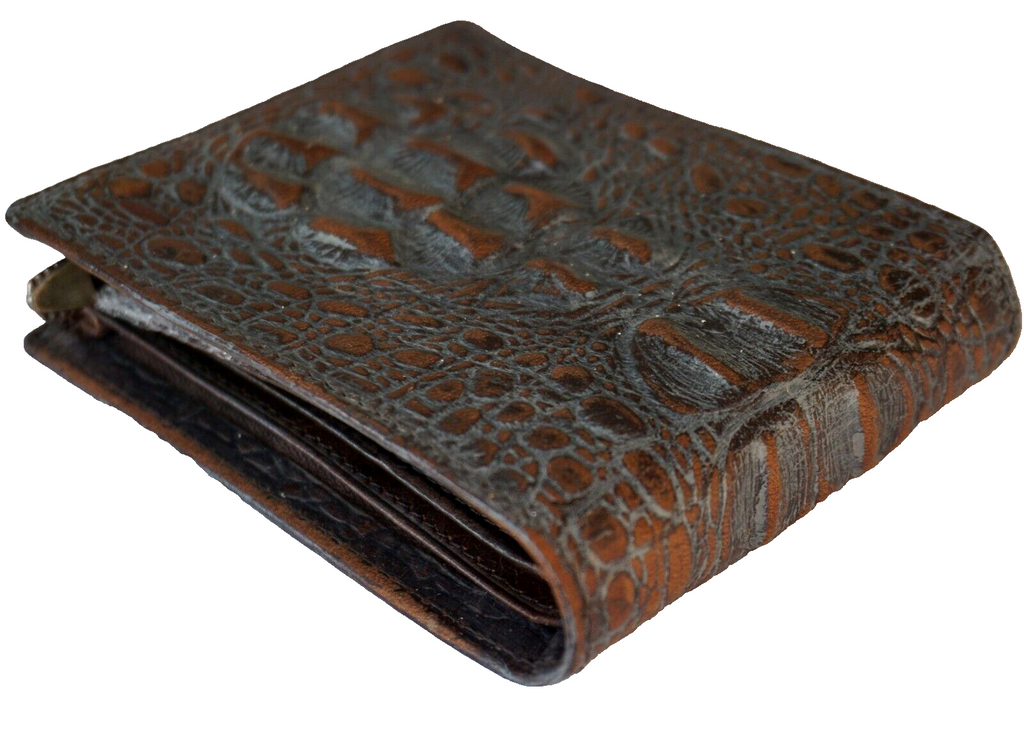 Men's genuine leather money clip wallet with crocodile embossing, coin pocket, and credit card slots, vintage style.