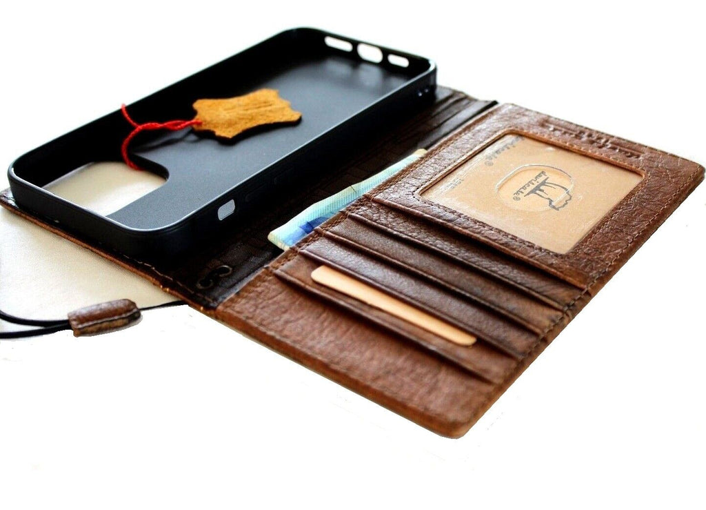 Handmade genuine leather phone case for iPhone 12 13 14 15 Pro Max Air 8 Plus, featuring shark wood style and credit card slots.