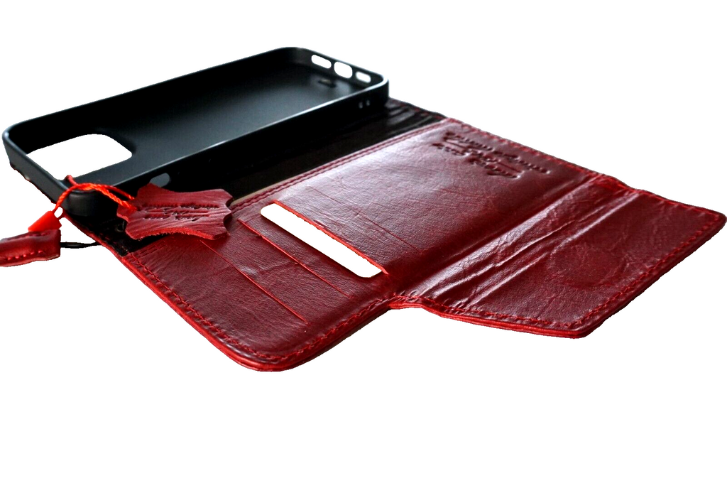 Handmade genuine leather phone case by DAVISCASE for iPhone 12 to 16 Pro Max, featuring a red wine cross design and book-style cover.