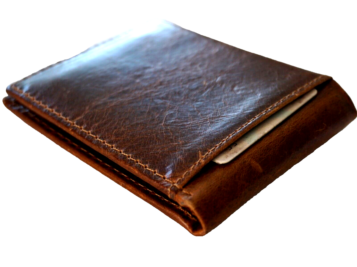 Men's genuine leather wallet by DAVISCASE with credit card slots and bill compartment, handmade tan leather with hand-decorated details.