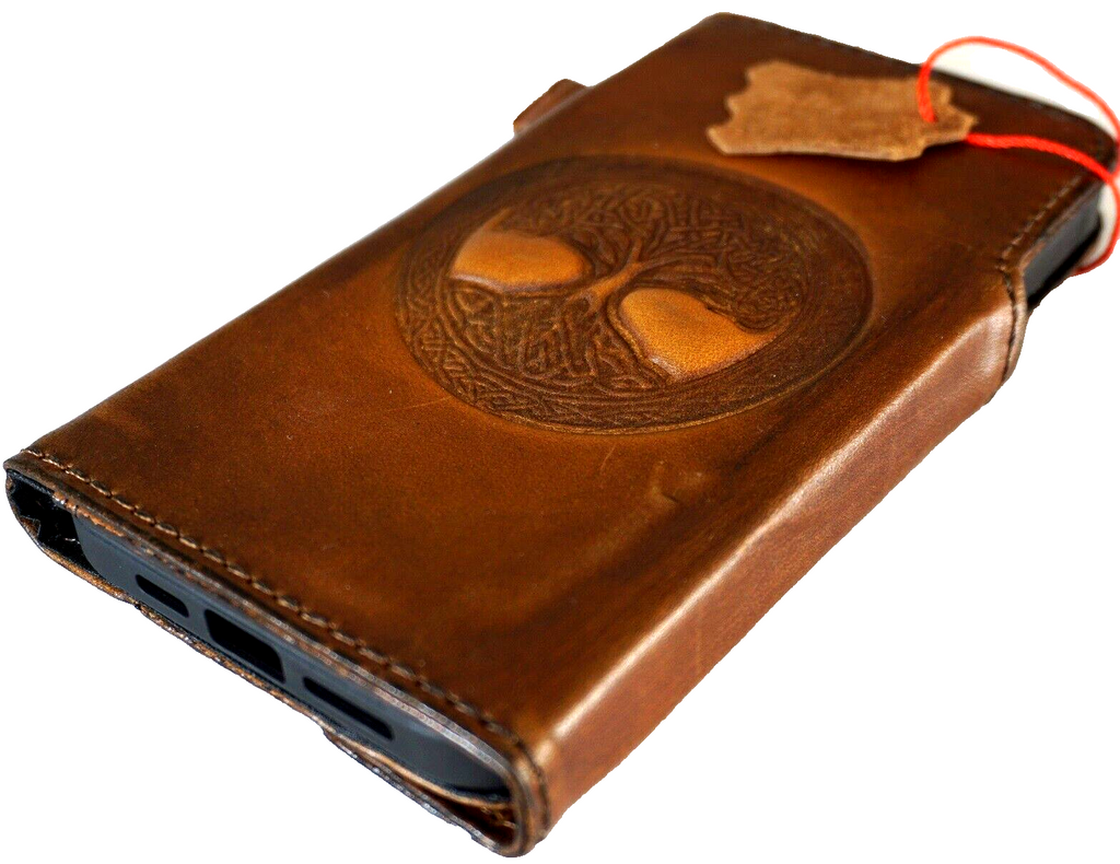 Handmade genuine leather phone case for iPhone 11-16 Pro Max with credit card slots, vintage tree of life design by DAVISCASE