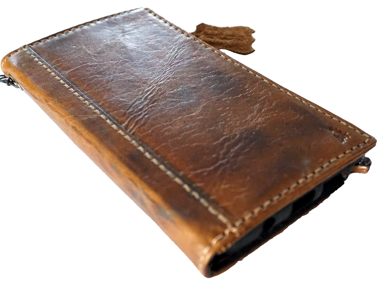 Handmade genuine leather phone case for iPhone 11-15 Pro Max, in smoked tan with shark design, by DAVISCASE.