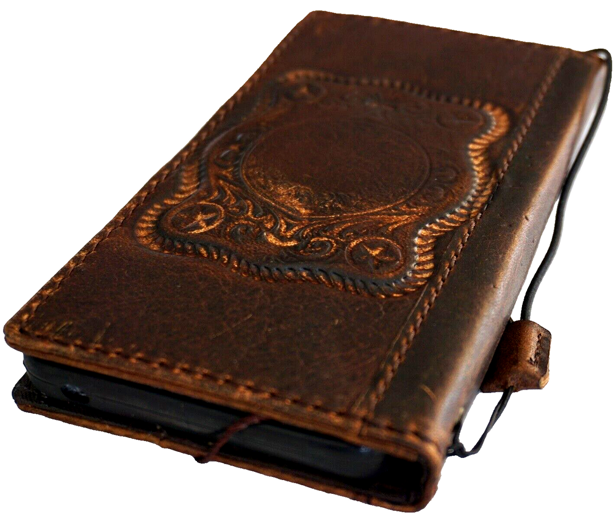Handmade vintage tan leather phone case for iPhone 11-15 Pro Max, 7, 8 Plus, XS, SE with embossed retro design and credit card slots.