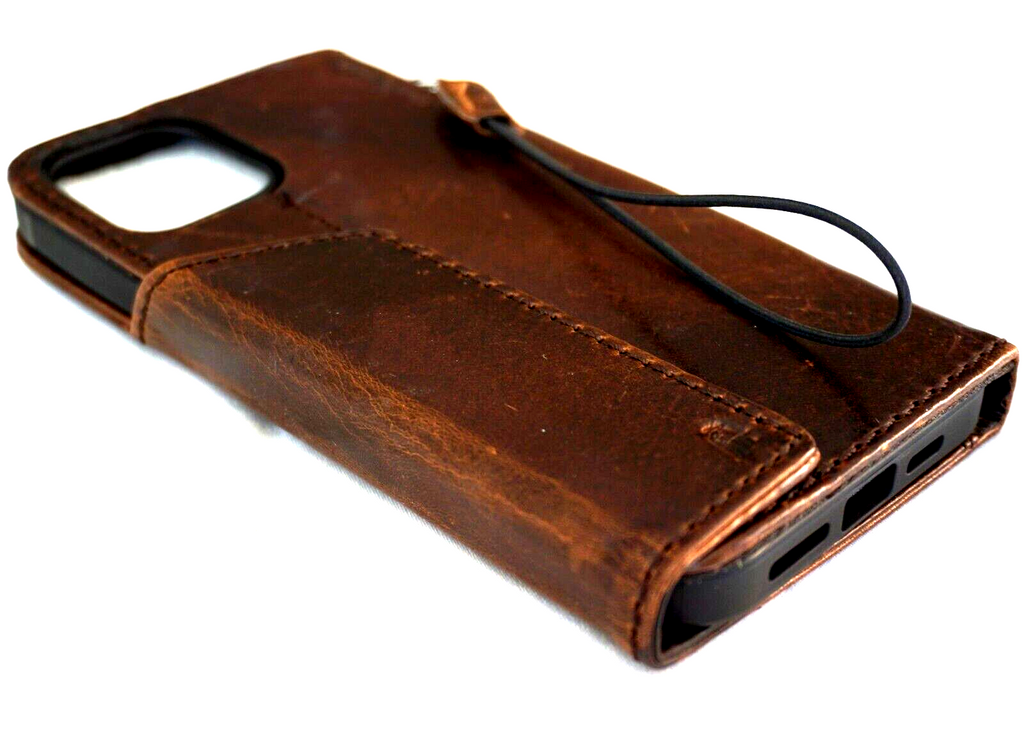 Handmade DAVISCASE genuine leather wallet case for iPhone 12 to 16 Pro Max, featuring a horse style cover and mini art details.