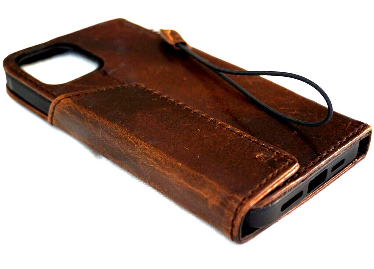 Handmade DAVISCASE genuine leather wallet case for iPhone 12 to 16 Pro Max, featuring a horse style cover and mini art details.