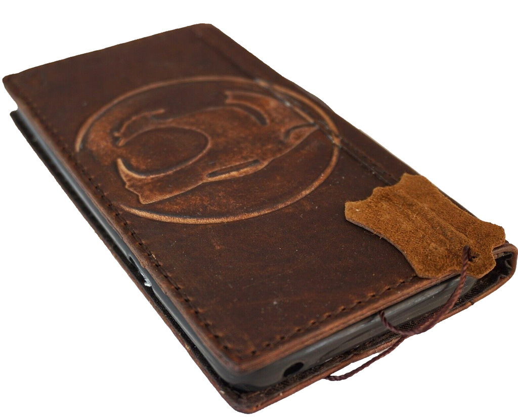 Handcrafted genuine leather phone case for Apple iPhone 11-15 Pro Max, featuring vintage dog paw and tiger stamping with credit card slots.