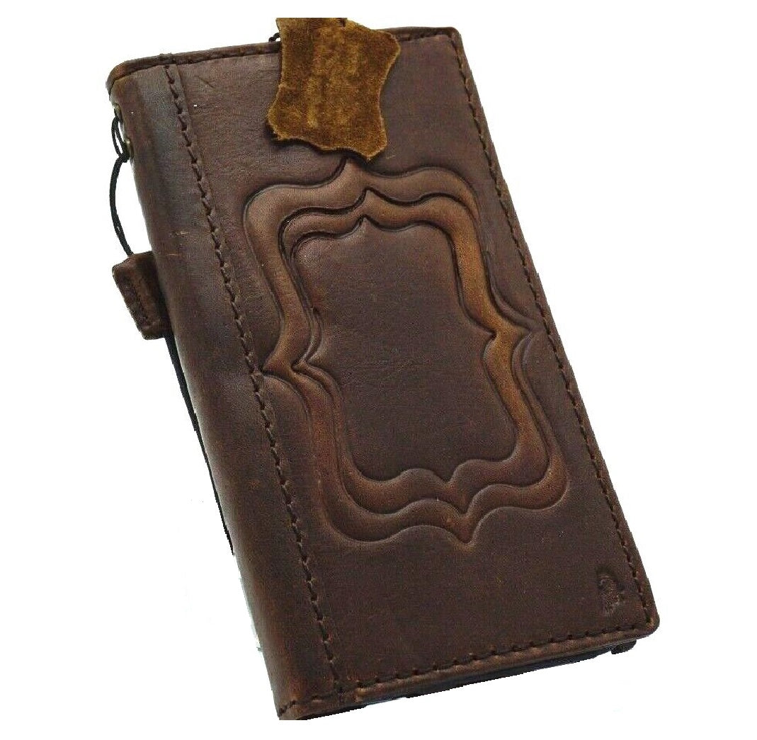 Handmade genuine leather phone case for Galaxy Z Fold 3-7, vintage embossed wallet style with credit card slots by DAVISCASE.