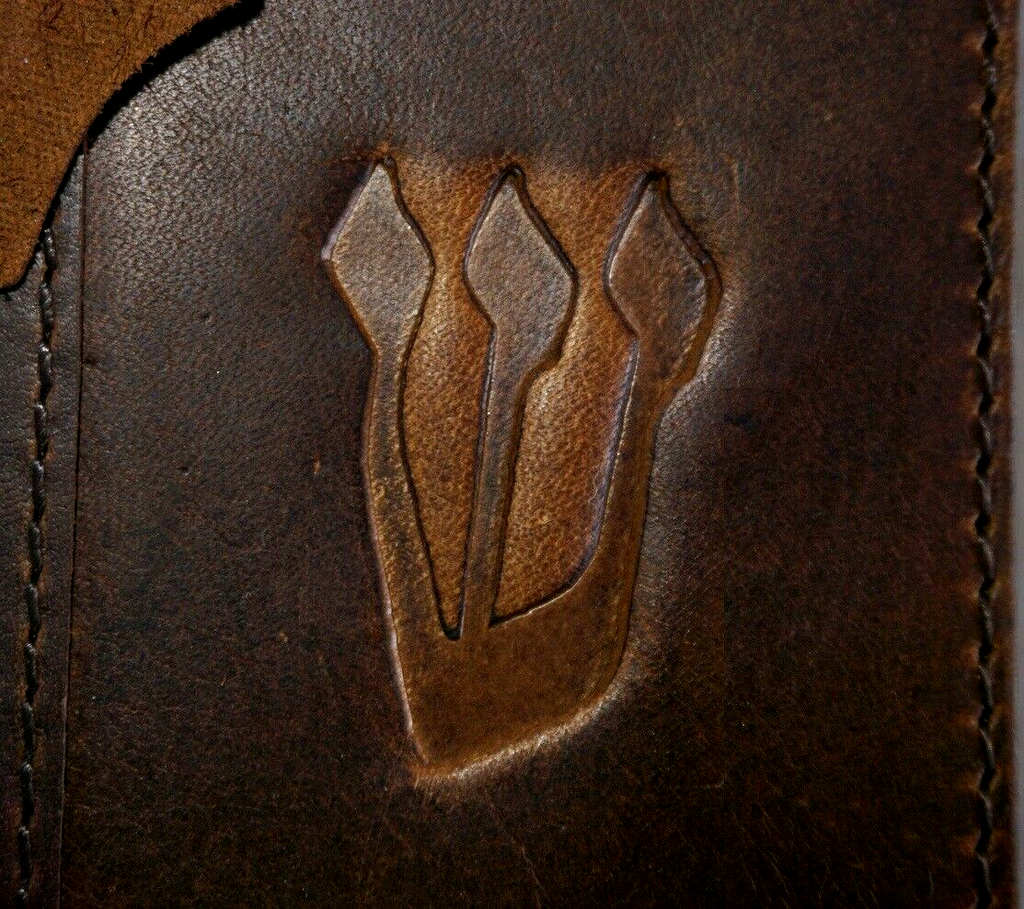 Handmade genuine leather phone case by DAVISCASE for iPhone 11-15 Pro Max, with vintage design, card slots, and Jewish Mezuzah cover.