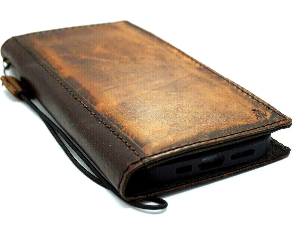 DavisCase handmade genuine leather phone case for iPhone 11 to 15 Pro Max, vintage style with credit card slots and full grain leather.