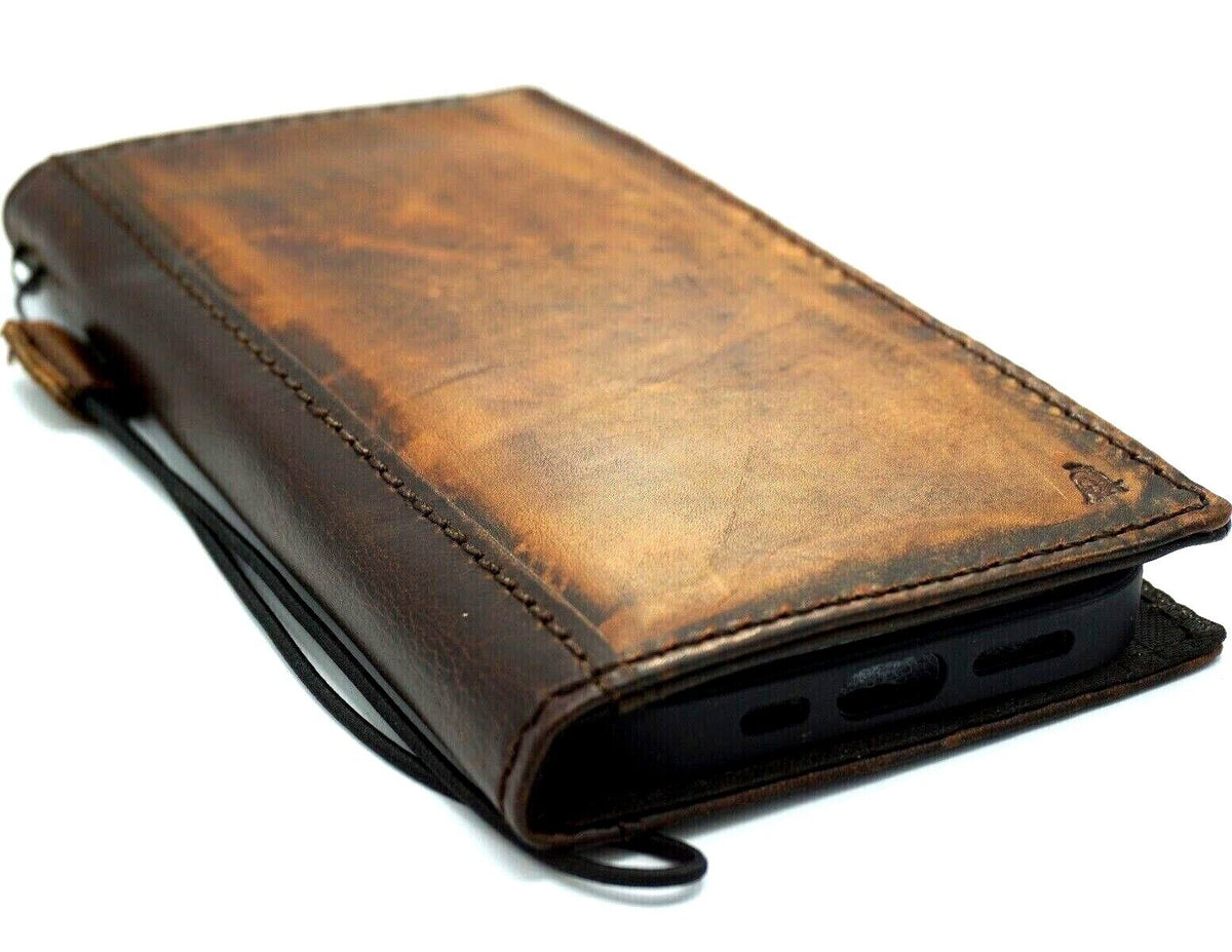 DavisCase handmade genuine leather phone case for iPhone 11 to 15 Pro Max, vintage style with credit card slots and full grain leather.