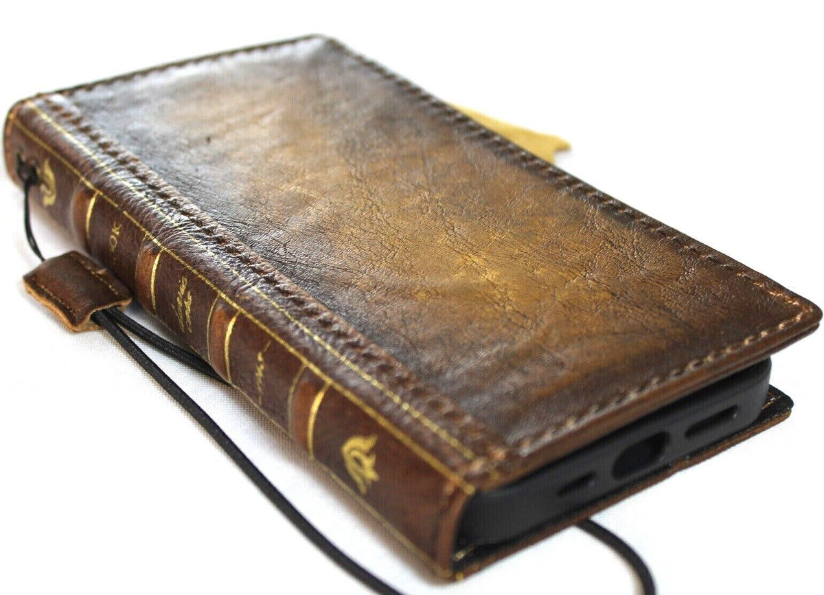Handmade genuine leather phone case for iPhone 12-16 Pro Max, SE, and 8 Plus by DAVISCASE, featuring a Bible craft design with wallet and art accents.