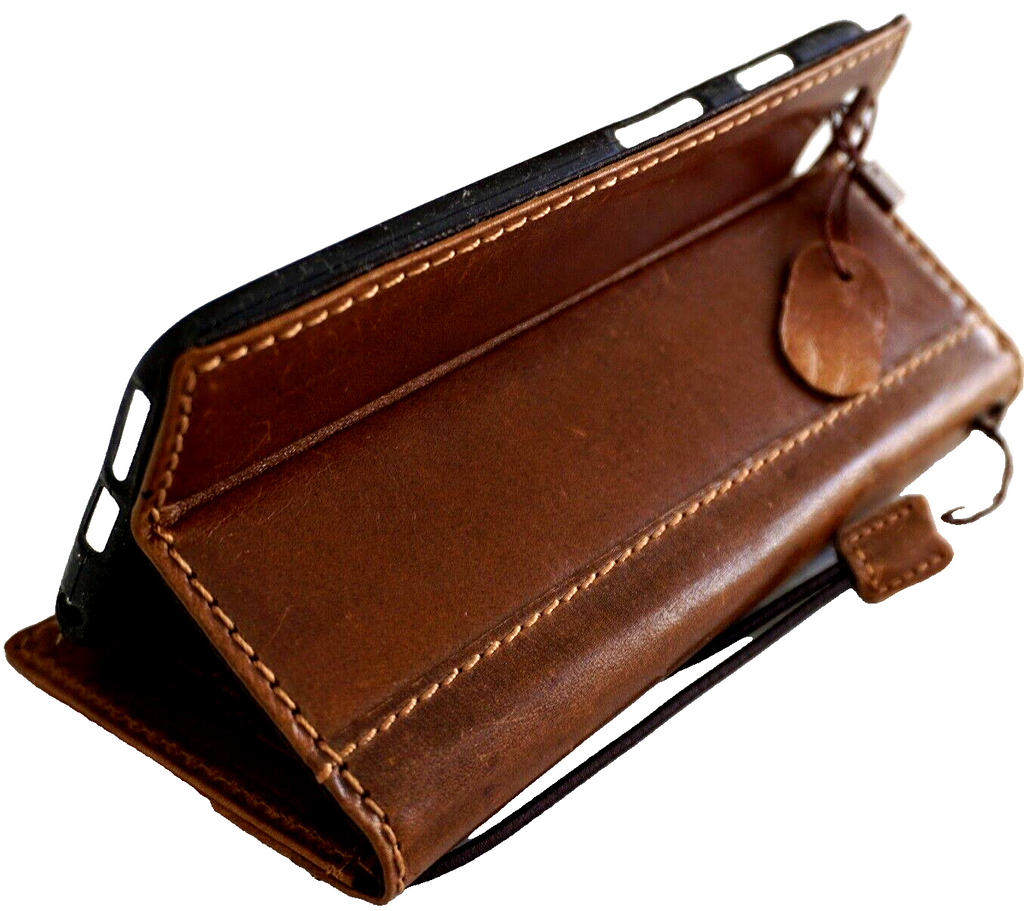 Handmade genuine leather phone case for iPhone 11-15 Pro Max, vintage style with credit card slots, crafted by DAVISCASE