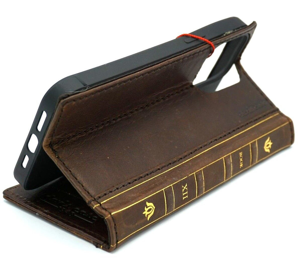 Handmade genuine leather phone case by DAVISCASE for Samsung Galaxy S series and Note series, with vintage-style wallet and Bible cover design.