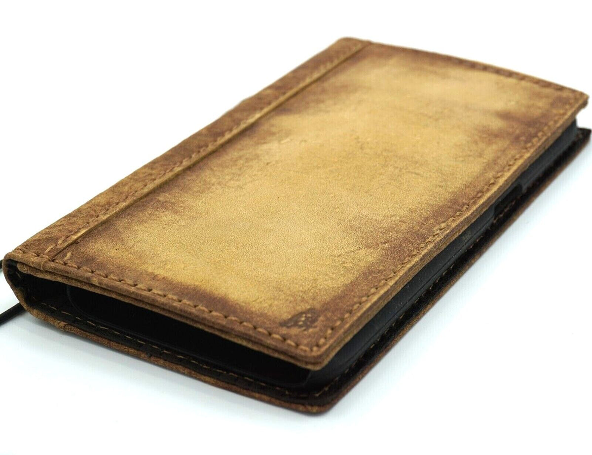 Handmade vintage leather phone case for iPhone 12-16 Pro Max and SE, with wallet style, credit card slots, and artisanal finish.