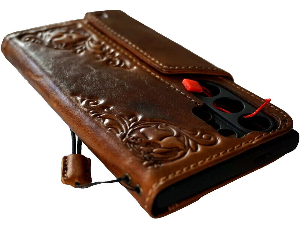 Handmade genuine leather phone case for Samsung Galaxy S24 Ultra, with magnetic closure and rubber holder in luxury tan color.