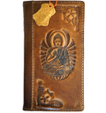 Handmade genuine leather phone case for Samsung Galaxy S22, S21, S20, Note, A series, with vintage art wallet design and Buddha detail.