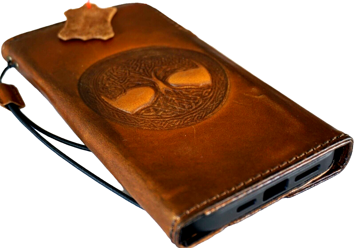Handmade DAVISCASE genuine leather phone case for iPhone 11-16 Pro Max with vintage tree of life design, credit card slots, and magnetic closure.