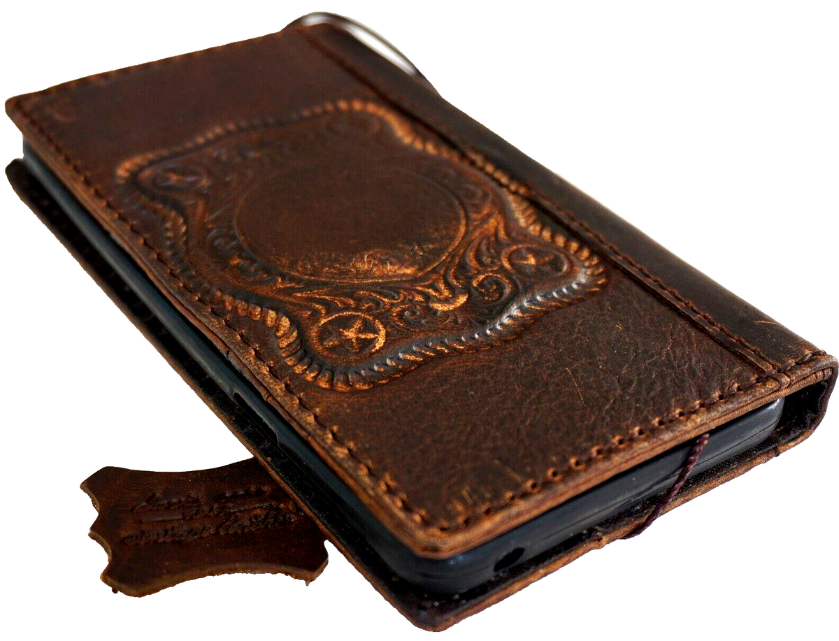 Handmade vintage tan leather phone case for iPhone 11-15 Pro Max, with embossed retro design, credit card slots, by DAVISCASE.