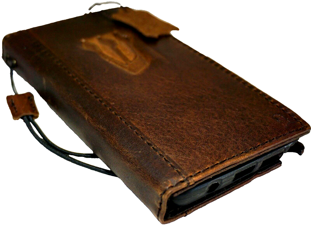 Handmade genuine leather phone case for iPhone 11-15 Pro Max, with vintage-style wallet design and card slots, by DAVISCASE.