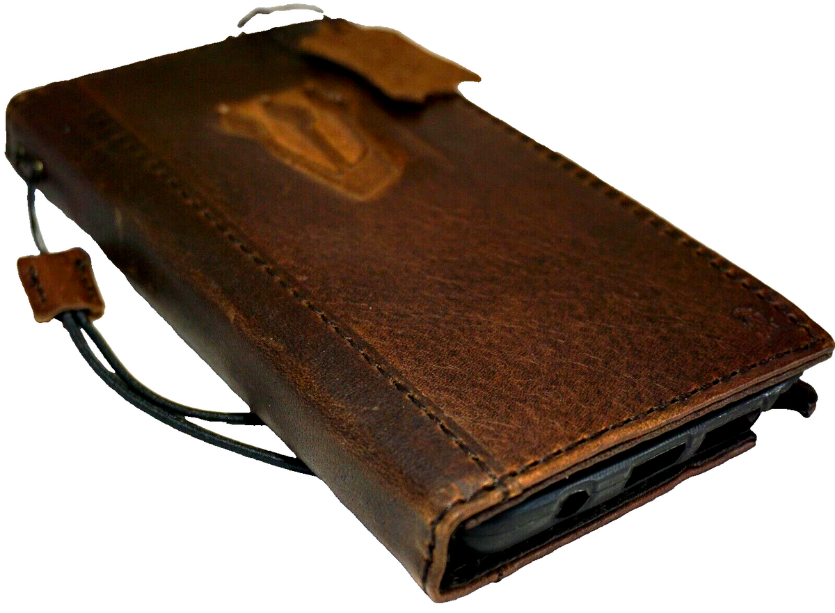 Handmade genuine leather phone case for iPhone 11-15 Pro Max, with vintage-style wallet design and card slots, by DAVISCASE.