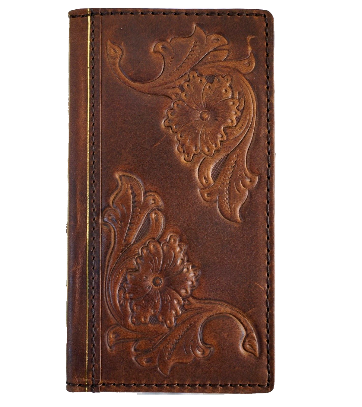 Handmade genuine leather wallet case for Galaxy Z Fold 8, 3, 4, 5, 6, 7, in Tan with intricate art Bible design by DAVISCASE