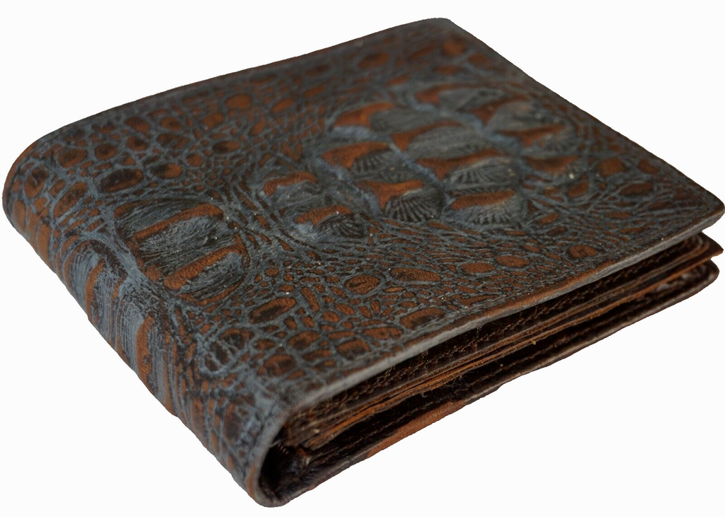 Men's genuine leather money clip wallet with crocodile embossed design, coin pocket, and credit card slots in vintage style.