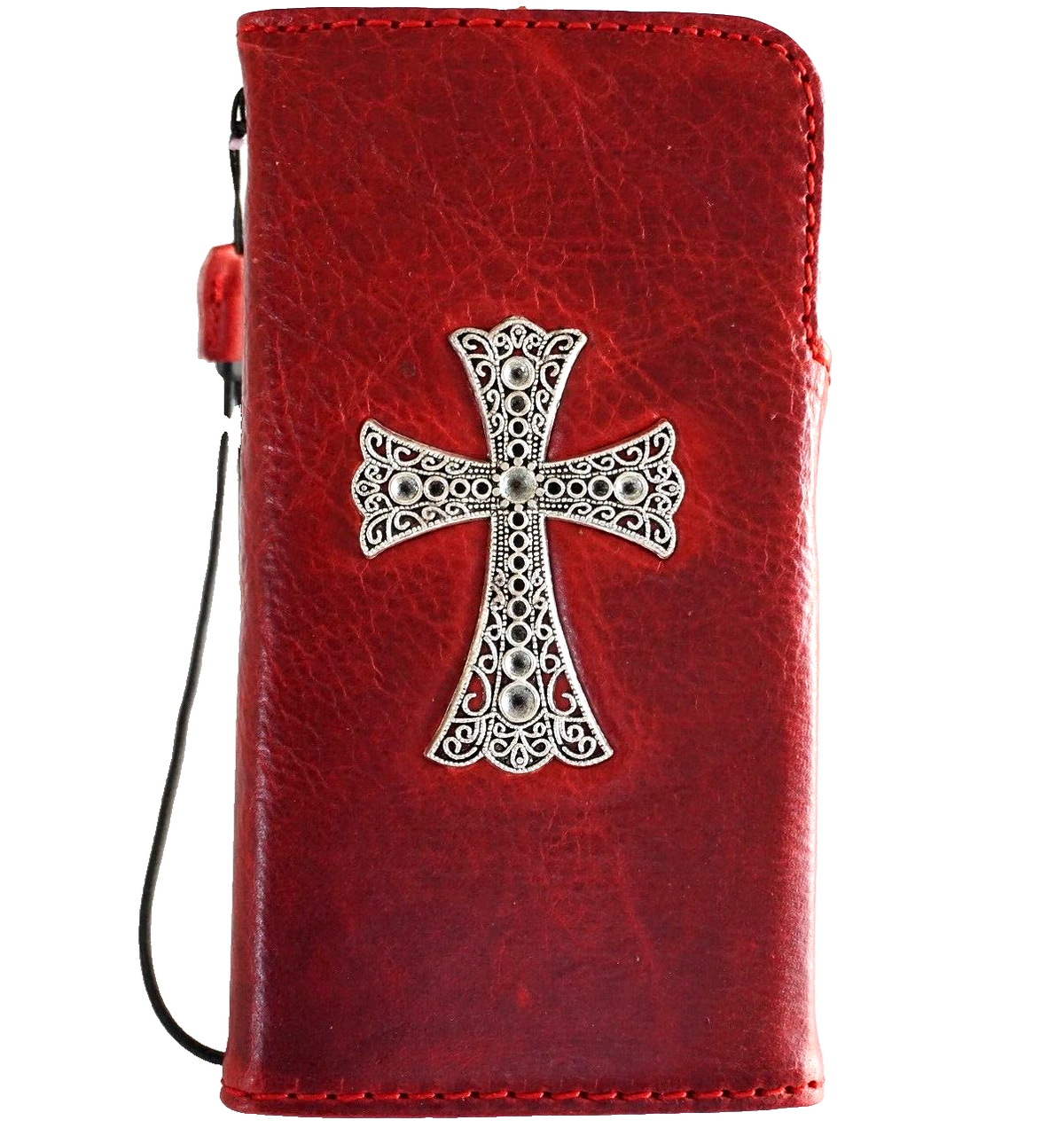 Handmade genuine leather Galaxy S24 Ultra case by DAVISCASE with red wine color, magnetic closure, rubber holder, and wireless charging.