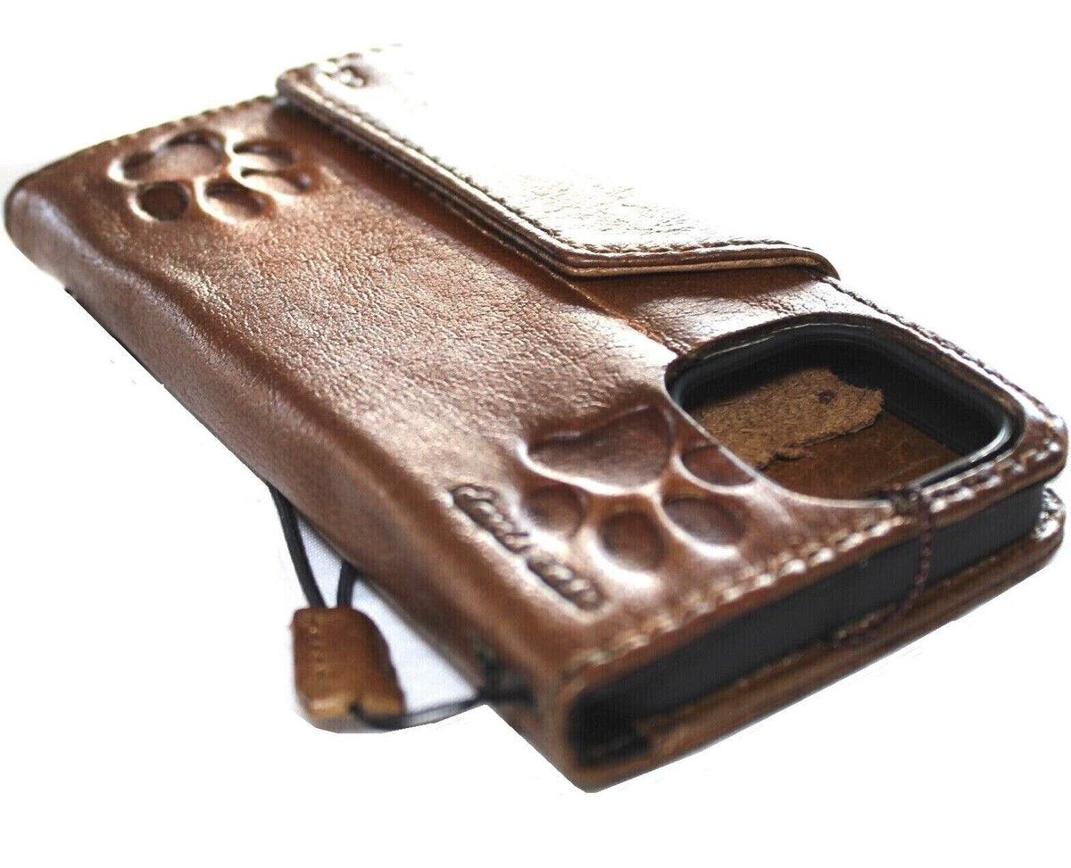Handmade DAVISCASE genuine leather phone case with dog paw design for iPhone 11-16 Pro Max, wallet-style with magnetic closure.
