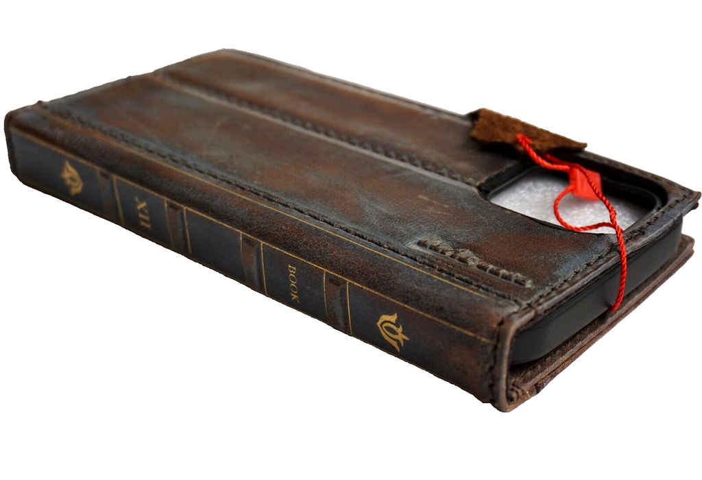 Handmade DAVISCASE genuine leather phone case for Galaxy S series, featuring vintage wallet-style design in gray and blue.